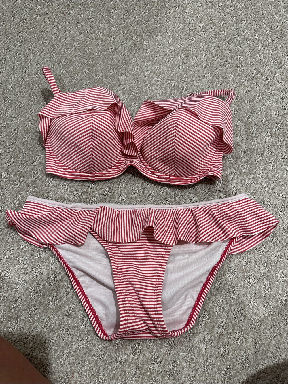 Striped Ruffle Bikini Set in Red and White